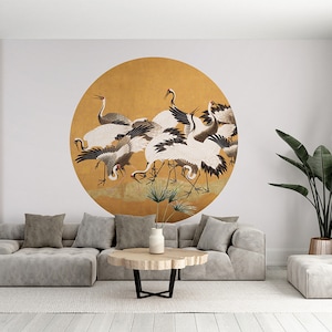 Wandkreis, Wandsticker, Tapetenkreis - Kraniche, Wohnzimmer, Vögel, Natur, Tiere, Kraniche, asiatisch, gold
