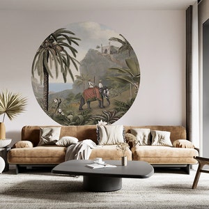 Cerchio da parete, adesivo da parete, cerchio da carta da parati - Elephant Elegance – Giungla, elefante, palme, botanico, tropicale, indiano