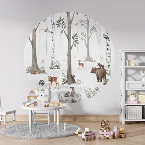 Cerchio da parete, adesivo da parete, cerchio da carta da parati - Foresta bianca – Cameretta per bambini, natura, foresta, boschi, animali, botanica, alberi, cervi, orsi