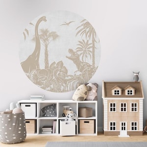 Wall Circle, Adesivo da parete, Carta da parati Circle - Monocromatico Dino - Bianco Vintage - Cameretta per bambini, dinosauro, animali, natura, palma, bianco