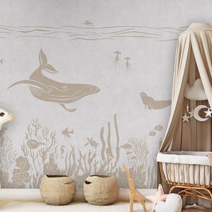 Carta da parati, murale - Monocromatico Mare - Bianco Vintage - cameretta, asilo nido, balena, delfino, tartaruga, corallo, marrone, squalo, pesce, bianco vintage