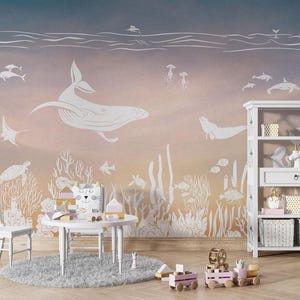 Carta da parati, murale - Monocromatico Mare - Rosa Acqua - cameretta, asilo nido, balena, delfino, tartaruga, corallo, marrone, squalo, pesce
