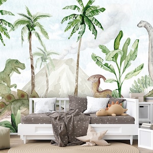 Wallpaper Mural - Dino Joy – Nursery, kids room, dinosaur, animals, nature, palm, t-rex
