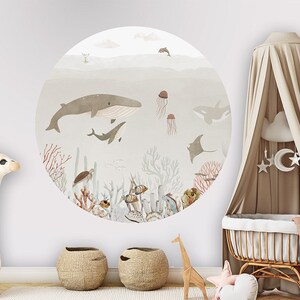 Cerchio da parete, adesivo da parete, cerchio da carta da parati - Sensational Sea – Marrone – cameretta per bambini, asilo nido, marrone, balena, delfino, tartaruga, pesce, corallo