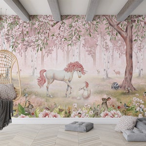 Carta da parati murale - Unicorno Foresta Rosa – Cameretta, unicorno, natura, fantasy, magico, foresta, animali
