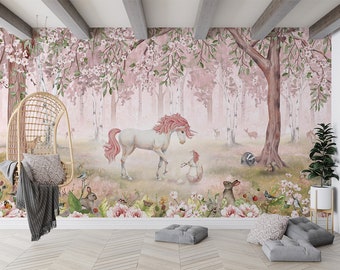 Mural infantil con diseño de unicornios en el bosque - Decoración rosa para habitación infantil
