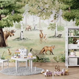 Carta da parati murale - Woodland Wonders - Cameretta per bambini, natura, foresta, boschi, albero, animale, volpe, cervo, coniglio, alce