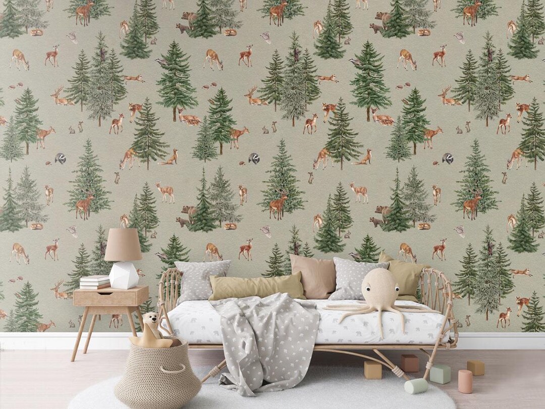 Pine Forest - Kids Wallpaper Mural - Kids & Nursery Decor, Deers - Etsy