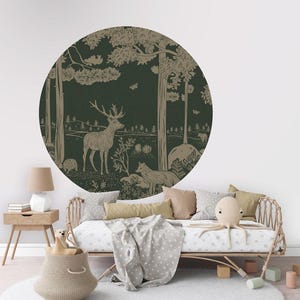 Cerchio da parete, adesivo da parete, cerchio da carta da parati - Foresta monocromatica - Verde vintage - cameretta per bambini, asilo nido, cervo, volpe, orso, tasso, foresta, verde