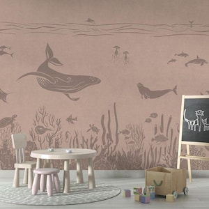 Carta da parati, murale - Monocromatico Mare - Rosa Vintage - cameretta, asilo nido, balena, delfino, tartaruga, corallo, marrone, squalo, pesce, rosa vintage