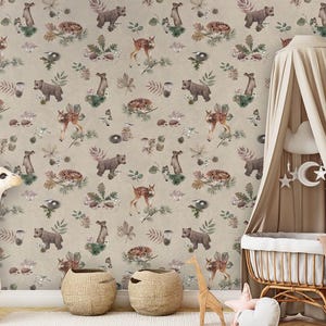 Carta da parati, murale - Forest Gathering – Beige - Fantastic Forest - birra, foresta, animali, coniglio, natura, riccio, funghi, beige, uccelli