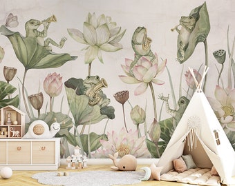 Wallpaper Mural - Water Lilly Orchestra – Kids room, nature, frog, flowers, animals, flowers, magical
