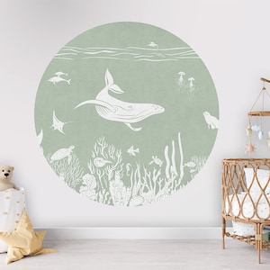 Cerchio da parete, adesivo da parete, cerchio da carta da parati - Monocromatico Mare - Verde - cameretta per bambini, asilo nido, balena, delfino, tartaruga, corallo, verde, squalo, pesce