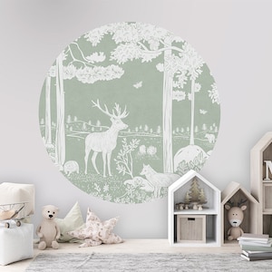 Cerchio da parete, adesivo da parete, cerchio da carta da parati - Foresta monocromatica - Verde - cameretta per bambini, asilo nido, cervo, volpe, orso, tasso, foresta, verde