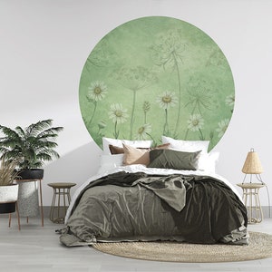 Wall Circle, Adesivo da parete, Carta da parati Circle - Dazzling Daisies Green – Soggiorno, fiori, verde, botanico, floreale, margherite