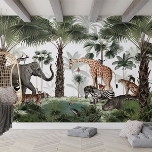 Carta da parati murale - Regno animale - Cameretta per bambini, natura, tropicale, giungla, elefante, zebra, giraffa, ippopotamo, tigre