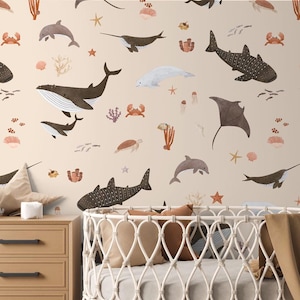 Carta da parati, murale - Splendid Sea – Beige – Cameretta per bambini, asilo nido, mare, pesce, balena, razza, delfino, tartaruga, corallo, granchi, beige