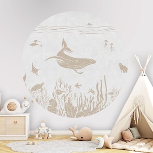 Cerchio da parete, adesivo da parete, cerchio da carta da parati - Monocromatico Mare - Bianco Vintage - cameretta per bambini, balena, delfino, tartaruga, corallo, marrone, squalo, pesce