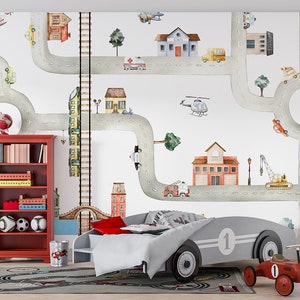 Carta da parati murale - Città dei veicoli - Asilo nido, bambini, camerette, automobili, treni, trasporti, elicottero