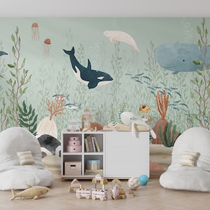 Carta da parati murale - Kelp Forest - Asilo nido, cameretta per bambini, natura, sott'acqua, pesci, animali, mare, corallo, orca, beluga