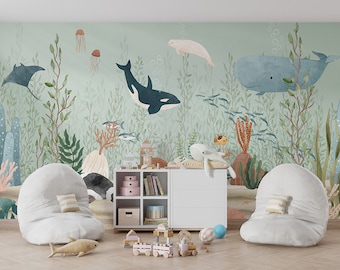 Wallpaper Mural - Kelp Forest – Nursery, kids room, nature, underwater, fish, animals, sea, coral, orca, beluga