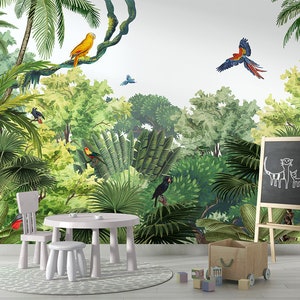Carta da parati murale - Canopy Jungle Bright - Bambini, cameretta, natura, giungla, alberi, uccelli, tropicale, pappagallo