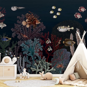 Wallpaper Mural - Roaring Reef Blue – Kids room, nature, coral reef, fish, blue, underwater