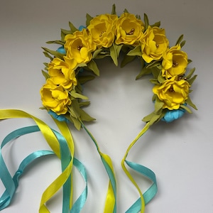 Diadema amarilla y azul hecha a mano, diadema de estilo ucraniano, diadema con flores amarillas y azules, accesorios para el cabello de Ucrania