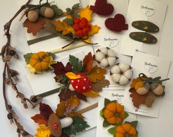 Handmade Autumn Felt Hair Accessories: Mushroom, Leaf, Acorn, Pumpkin Clips & Headbands
