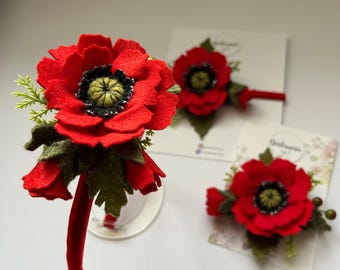 Red Felt Poppy Hair Accessories: Barrettes, Headband and Hoop, Summer Graduation Festive Flower girl Headband
