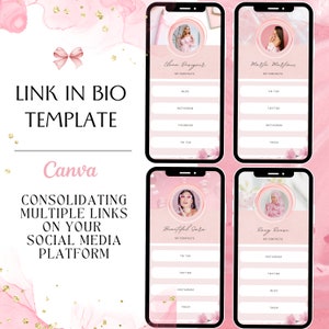 Link in Bio Linktree Canva Editable Template, style female - mini website coquette pastel aesthetic - digital dowload - white and pink color