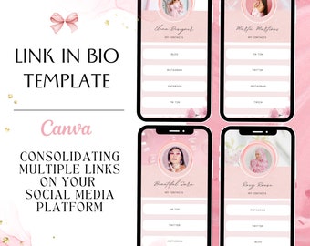 Link in Bio Linktree Canva Editable Template, style female - mini website coquette pastel aesthetic - digital dowload - white and pink color