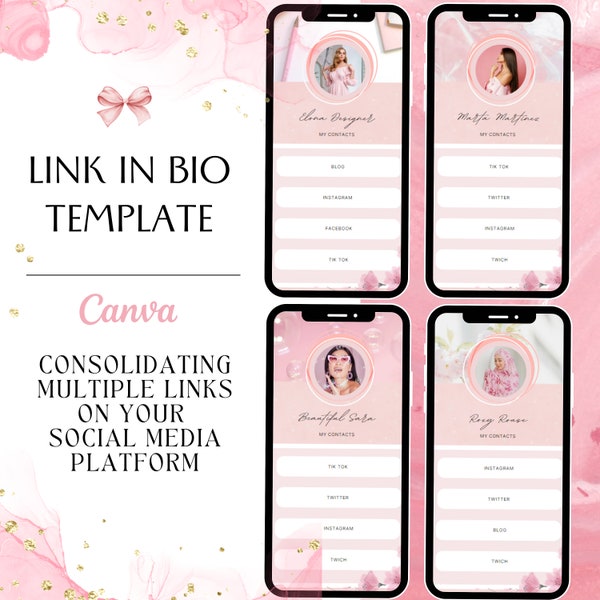 Link in Bio Linktree Canva Editable Template, style female - coconut girl coquette pastel aesthetic - digital dowload - white and pink color