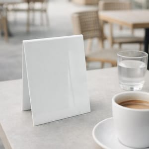 May include: A white, blank table tent card stands on a light grey table next to a cup of coffee and a glass of water. The background shows a blurred outdoor cafe setting with tables and chairs.