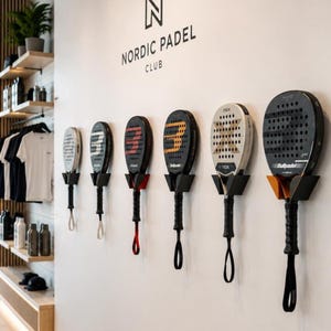 May include: A row of six padel rackets mounted on a white wall under the text NORDIC PADEL CLUB. The rackets vary in color, featuring black, white, and orange designs with perforated surfaces, black handles, and wrist straps hanging from the bottom.