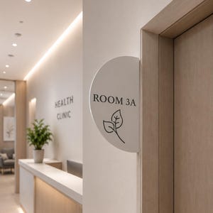 May include: A semi-circular wall-mounted sign in a light grey finish featuring the black text ROOM 3A and a simple line drawing of a leaf. The sign is attached to a white wall next to a light-coloured wooden door frame in a clinic setting.