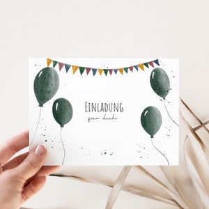 5x/10x Einladungskarten Kindergeburtstag / Einladung für Kinder /Geburtstagseinladung Set "Grüne Luftballons“ / Junge/ Mädchen