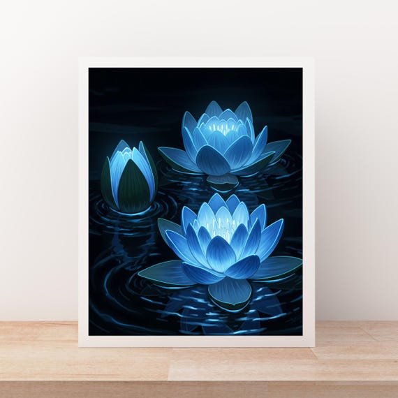 Blue Lotus Flower Art Print: Mystical Floral Zen Decor (digital