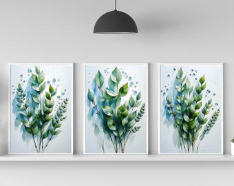 Stampe artistiche da parete a forma di goccia di eucalipto: set di 3 stampe botaniche minimaliste (download digitale)