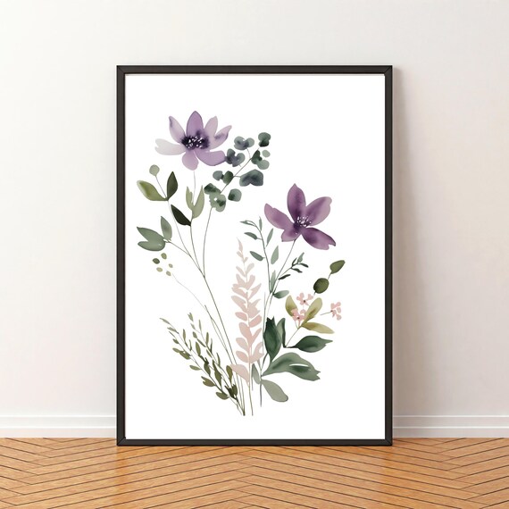 紫色の花の水彩画プリント:ミニマリストな植物の壁アート 紫色の花の水彩画プリント:ミニマリストな植物の壁アート