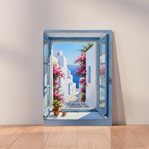 Santorini Coastal Print: Bougainvillea Sea View, Greek Island Art (Digital Download)