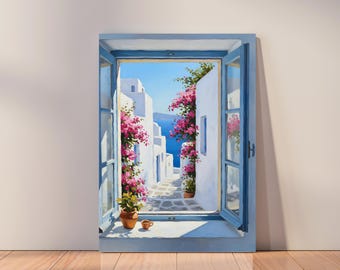 Santorini Küstendruck: Bougainvillea, Meeresblick, griechische Kunst (Digitaler Download)