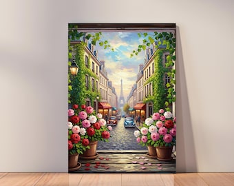 Impresión en acuarela de un café parisino: Torre Eiffel, escena callejera francesa (descarga digital)