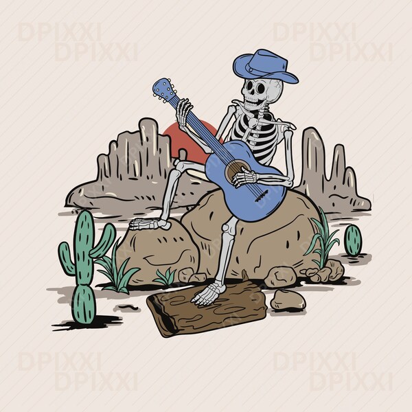 Skeleton Playing Guitar PNG, Skeleton Cowboy, Western Shirt Design PNG, Western PNG, Vintage Style, Western Design, Desert Western