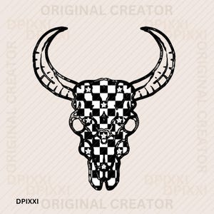 Zwart wit geblokt stier koe schedel png * grenslijst clipart digitale download | Westernontwerp, sublimatieontwerp Digitale download Cowgirl