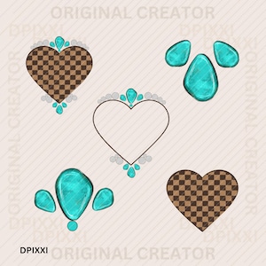 Bundle 5 Sets Checker Heart Turquoise Frame PNG * Clipart Digital Download Western Desig, Sublimation Design Digital Download Cowgirl Cowboy