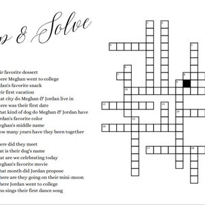 May include: A black and white crossword puzzle with the title "Sip & Solve". The puzzle has 18 clues, with 9 clues listed under "Down" and 9 clues listed under "Across".