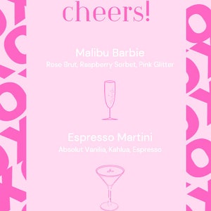 May include: A pink and white graphic with the text "cheers!" at the top. The graphic features two cocktail recipes: Malibu Barbie with Rose Brut, Raspberry Sorbet, and Pink Glitter, and Espresso Martini with Absolut Vanilia, Kahlua, and Espresso.