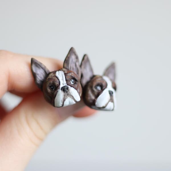 Brown brindle Boston Terrier polymer clay stud earrings, fimo dog earrings, Mother’s Day gift, gift for women