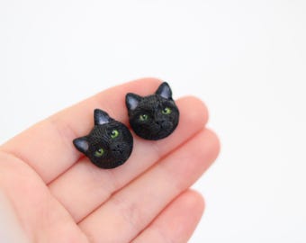 Black cat polymer clay stud earrings, fimo cat earrings, Mother’s Day gift, gift for women, cat mom